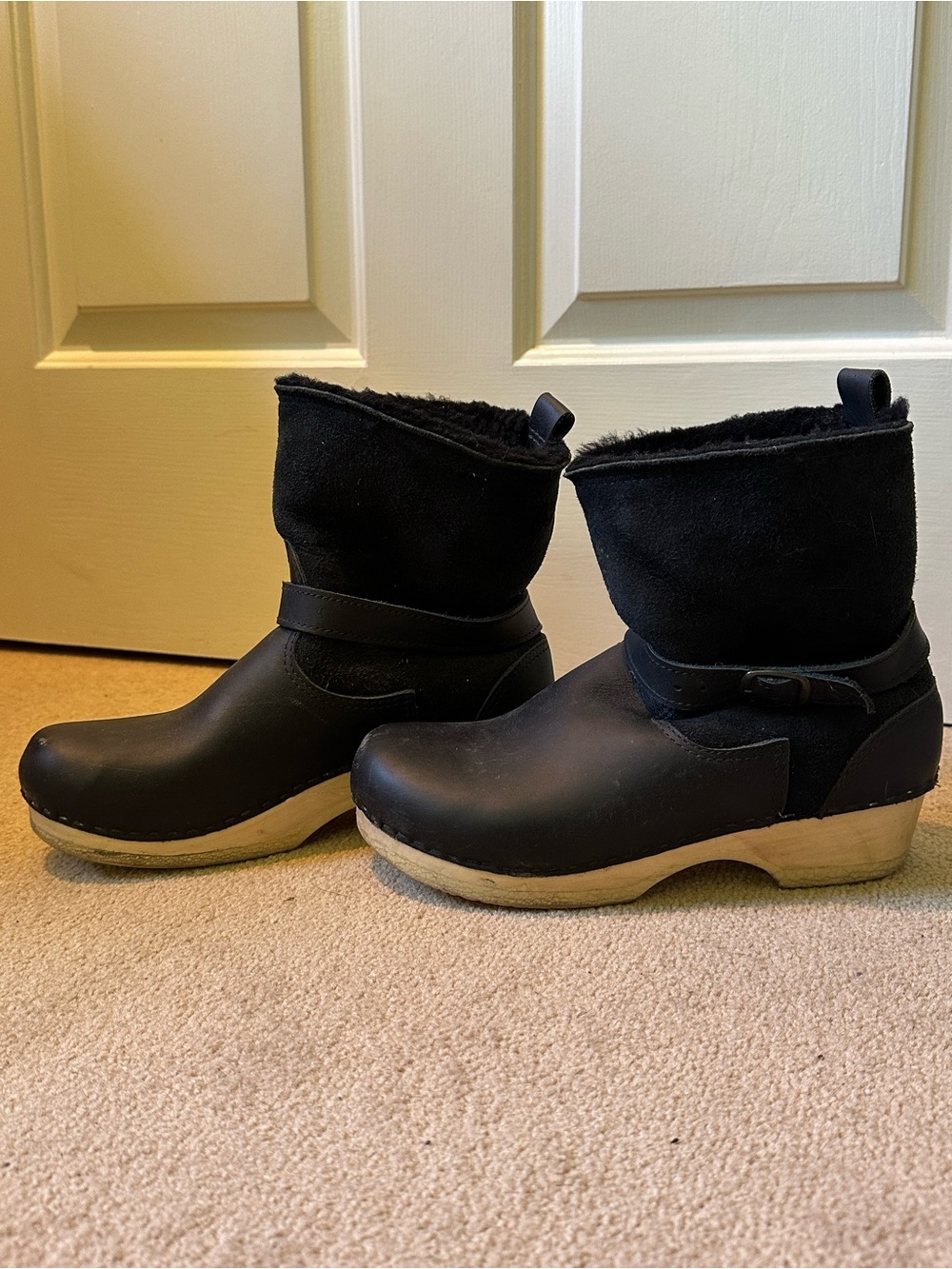 No. 6 Black Leather & Shearling Lined Clog Boots
